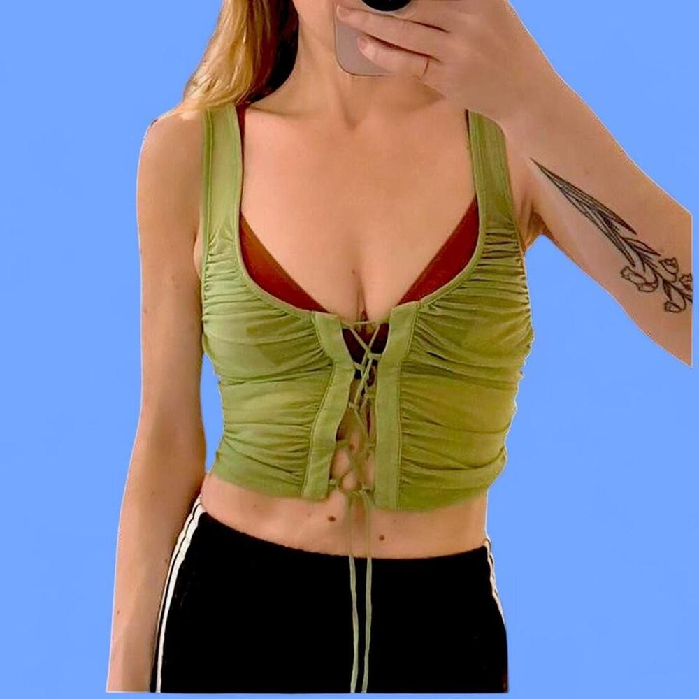 Urban Outfitters Y2K green mesh, ruched lace-up corset stretchy fitted tank